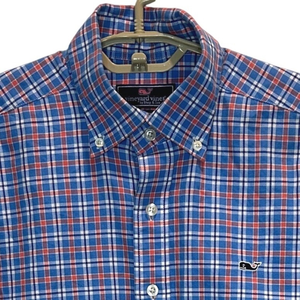 Vineyard Vines Whale Shirt Small Mens Blue Orange Plaid Button Down Long Sleeve